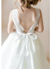 Ivory Lace Satin Open V Back Flower Girl Dress With Sweep Train